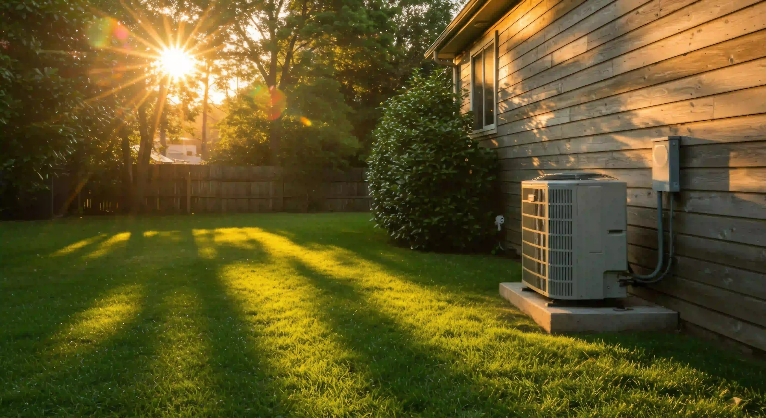 residential air conditioning system unit outdoors with evening sunlight free photo