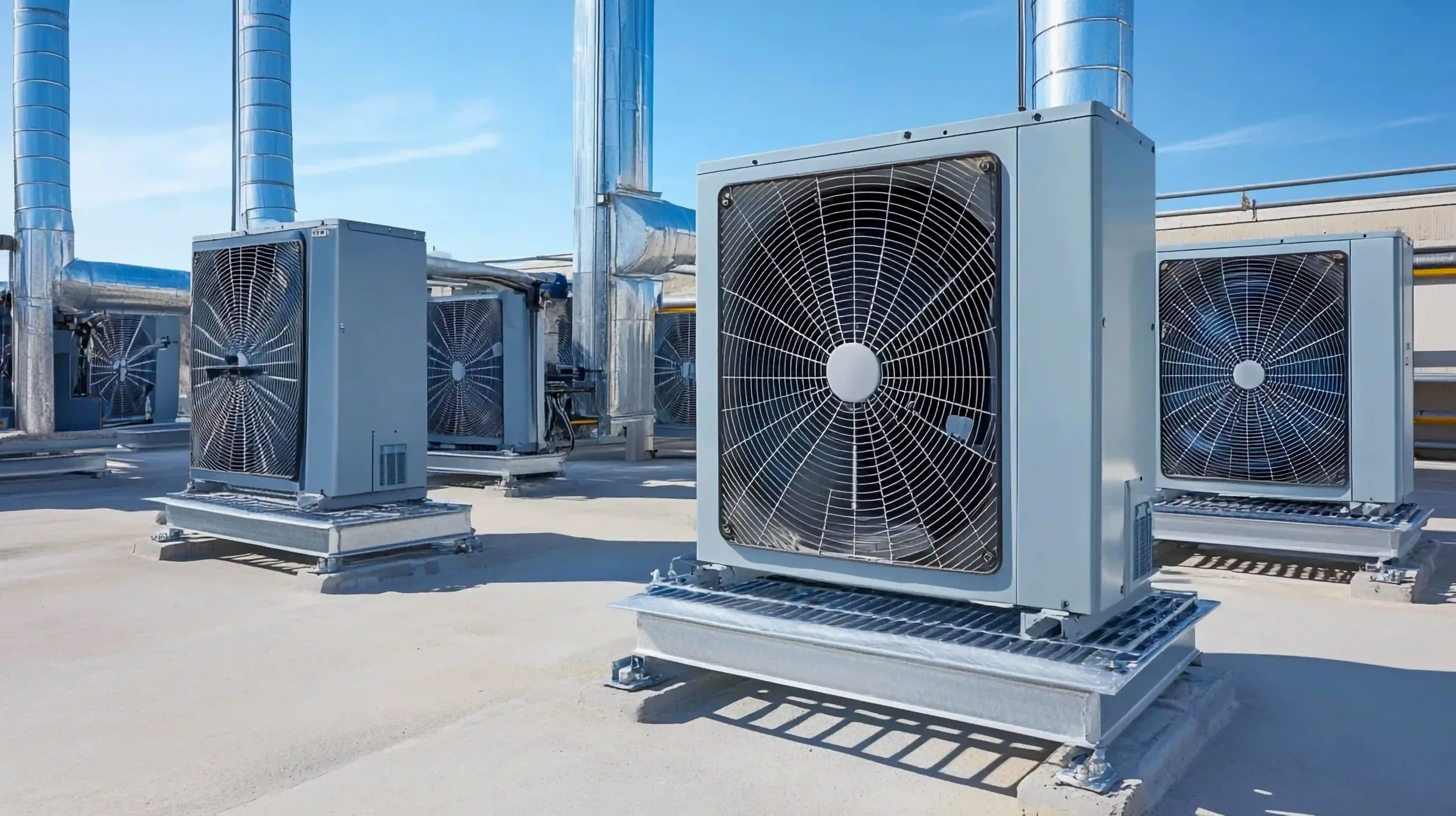 rooftop air conditioning units operating under clear blue sky in urban setting photo